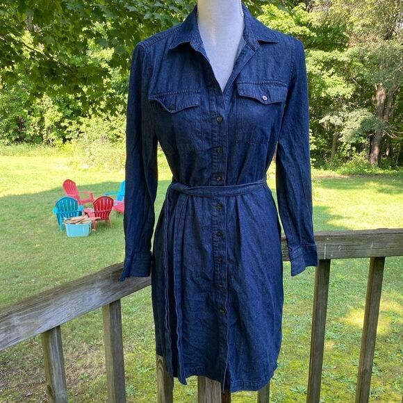 Draper James Dark Wash Belted Chambray Button Front Shirt Midi Dress Size 4 - Picture 1 of 6